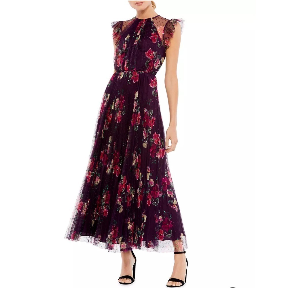 MAC DUGGAL Chiffon Floral Ruffle Tulle Evening Dress In Plum Multi Size 2 NWT